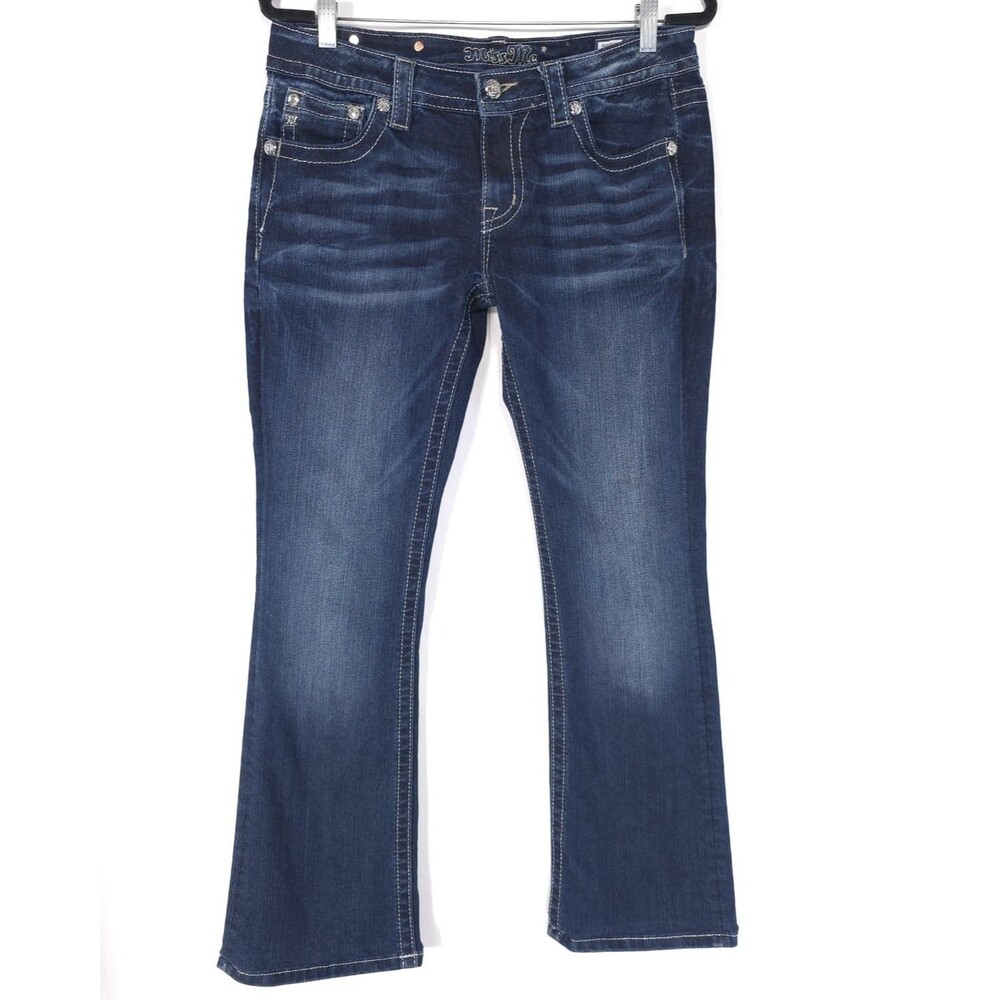 MISS ME Women's Jeans 32W MEDIUM Bootcut Embroidered Cross Stretch Flare M-L